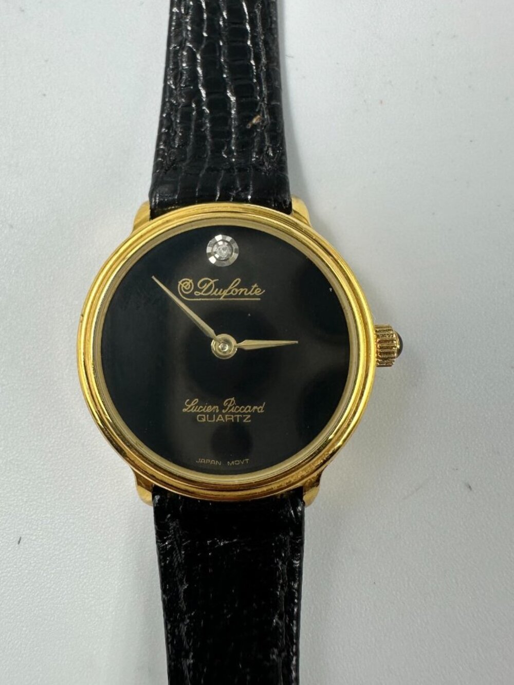 Vintage Lucien Piccard Dufonte Women Watch 24mm Black Dial Gold Tone Leather